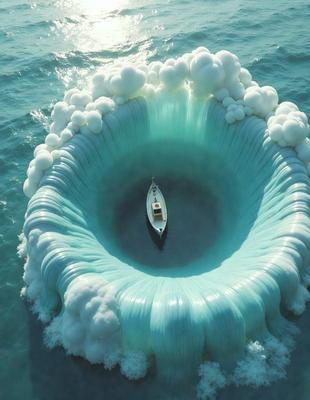 The primary subject of the image is a small boat floating in a large, blue, and white bubble. The boat is surrounded by a sea of bubbles, creating a unique and visually striking scene. The setting appears to be a water-based environment, with the boat being the main focus of the image. The visual style of the image is a combination of photo and digital art, giving it a surreal and artistic appearance. The dominant colors in the image are blue and white, with the bubbles adding a touch of